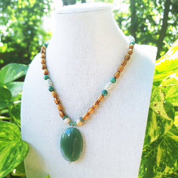 Long Stone Pendant Necklace, Bohemian Wood Beaded Necklace, Earthy & Organic - Picture 4 of 6